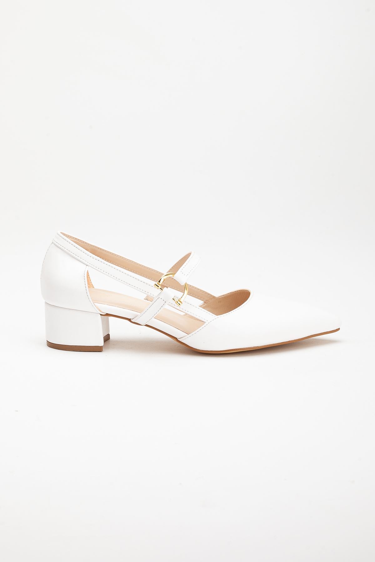 Loni Kadın Toka Detaylı Topuklu Ayakkabı Beyaz Cilt
