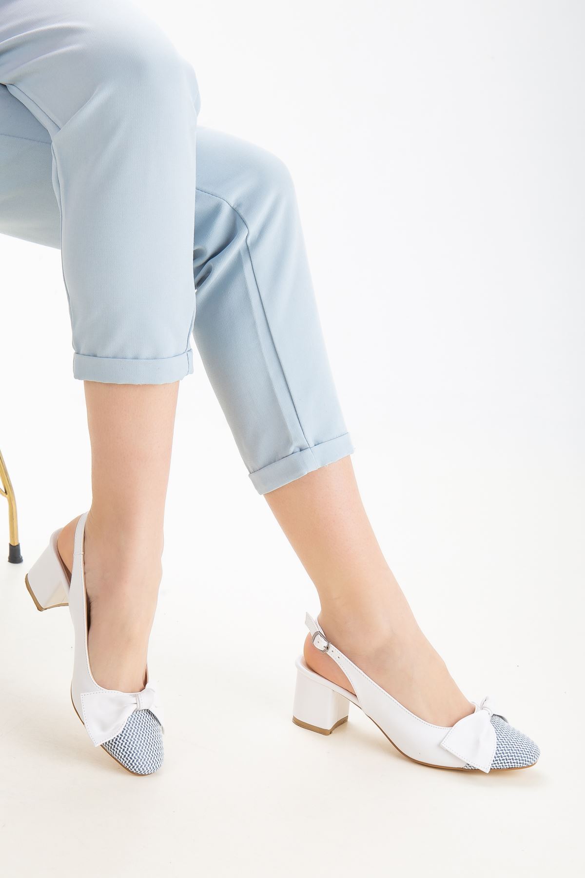 Aria Kadın Kurdele Detaylı Topuklu Ayakkabı Beyaz Cilt